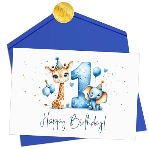 Joli Coon Geburtstagskarte 1 Jahr Junge - Premium Happy Birthday Geburtstagskarte 1 Jahr - Klappkarte mit Kuvert und goldenen Siegelsticker von Joli Coon