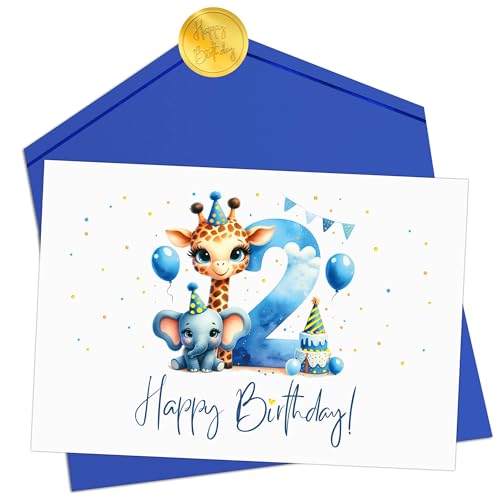 Joli Coon Geburtstagskarte 2 Jahre Junge - Premium Happy Birthday Geburtstagskarte 2 Jahre - Klappkarte mit Kuvert und goldenen Siegelsticker von Joli Coon