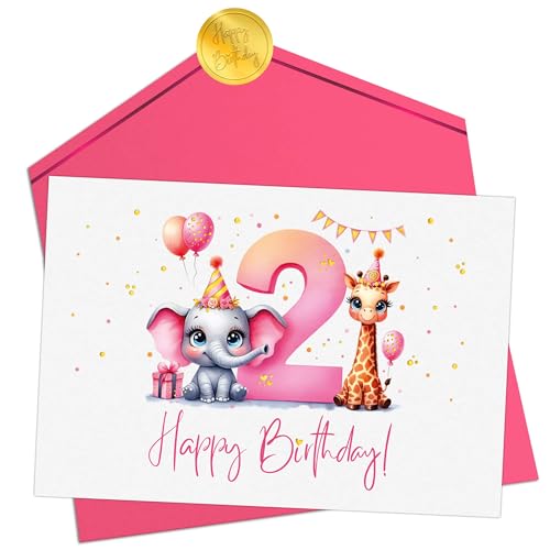 Joli Coon Geburtstagskarte 2 Jahre Mädchen - Premium Happy Birthday Geburtstagskarte 2 Jahre - Klappkarte mit Kuvert und goldenen Siegelsticker von Joli Coon