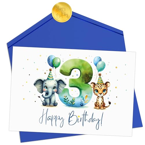 Joli Coon Geburtstagskarte 3 Jahre Junge - Premium Happy Birthday Geburtstagskarte 3 Jahre - Klappkarte mit Kuvert und goldenen Siegelsticker von Joli Coon