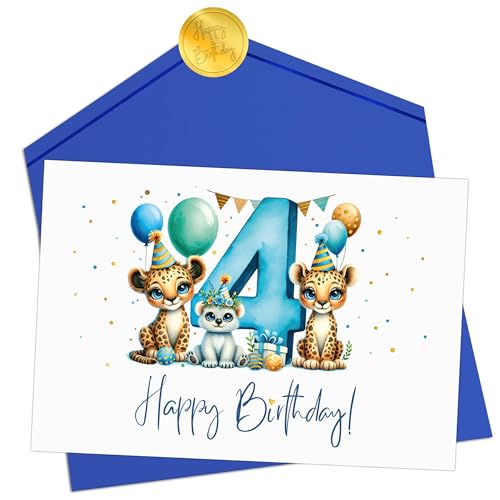 Joli Coon Geburtstagskarte 4 Jahre Junge - Premium Happy Birthday Geburtstagskarte 4 Jahre - Klappkarte mit Kuvert und goldenen Siegelsticker von Joli Coon