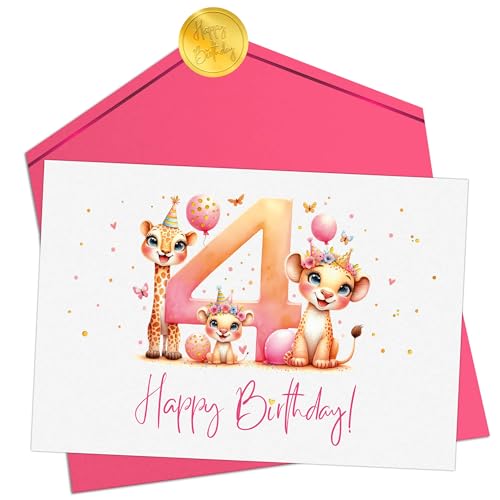 Joli Coon Geburtstagskarte 4 Jahre Mädchen - Premium Happy Birthday Geburtstagskarte 4 Jahre - Klappkarte mit Kuvert und goldenen Siegelsticker von Joli Coon