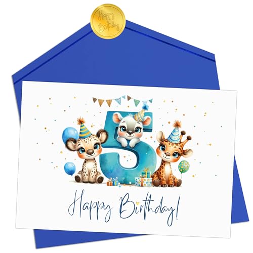 Joli Coon Geburtstagskarte 5 Jahre Junge - Premium Happy Birthday Geburtstagskarte 5 Jahre - Klappkarte mit Kuvert und goldenen Siegelsticker von Joli Coon