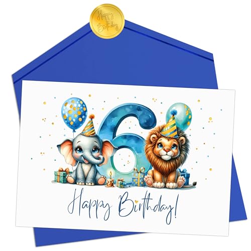 Joli Coon Geburtstagskarte 6 Jahre Junge - Premium Happy Birthday Geburtstagskarte 6 Jahre - Klappkarte mit Kuvert und goldenen Siegelsticker von Joli Coon