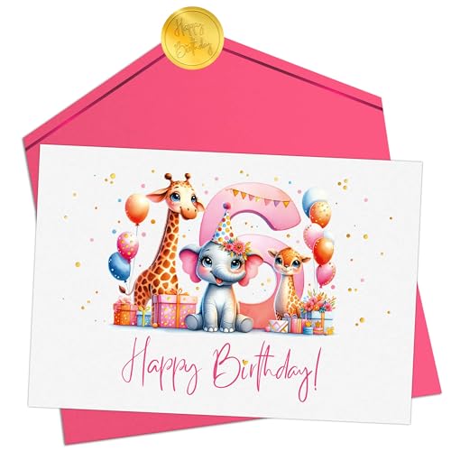 Joli Coon Geburtstagskarte 6 Jahre Mädchen - Premium Happy Birthday Geburtstagskarte 6 Jahre - Klappkarte mit Kuvert und goldenen Siegelsticker von Joli Coon