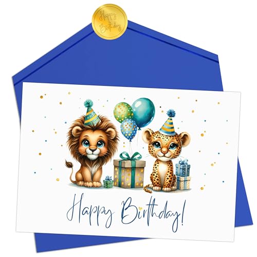 Joli Coon Geburtstagskarte Kinder Jungen - Premium Happy Birthday Geburtstagskarten für Kinder - Klappkarte mit Kuvert und goldenen Siegelsticker von Joli Coon