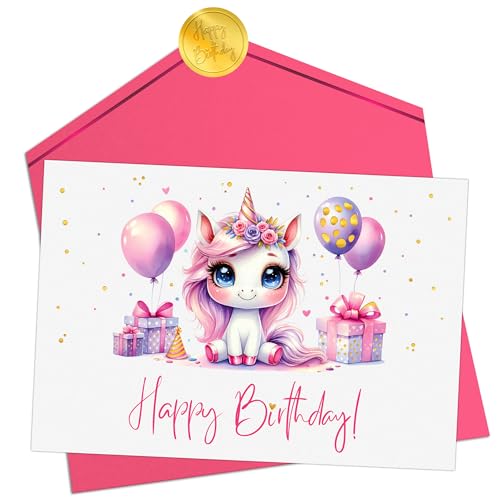 Joli Coon Geburtstagskarte Kinder Mädchen - Premium Happy Birthday Geburtstagskarten für Kinder - Klappkarte mit Kuvert und goldenen Siegelsticker von Joli Coon