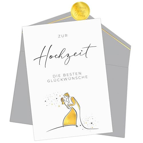 Joli Coon Hochzeitskarte - Zur Hochzeit die besten Glückwünsche Klappkarte mit Kuvert und goldenem Siegelsticker - Karte zur Hochzeit von Joli Coon