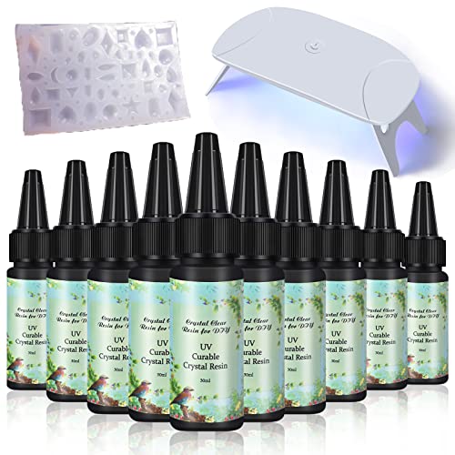 10x30 ML UV Epoxidharz Hohe Transparenz Kleine Flasche Einfach Griff UV Kleber Harz Handwerk Beschichtung Schmuckherstellung + 1 Silikonform 20 + Formen für DIY Anhänger Ohrringe Halsketten Armbänder von Joligel