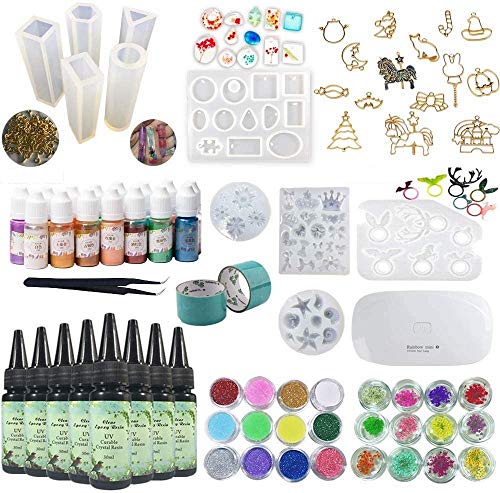 UV-Epoxidharz-Kit 8x30ml mit Silikonformen + Abschrägungen + Pigment + Dekorationen + Lampe + Pinzette, klares Harz für Kunsthandwerk Schmuckherstellung von Joligel