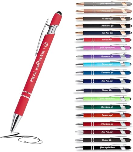 Jolis Papiers - x12 - Stift personalisiert 2 in 1 - Personalisierter Kugelschreiber mit Gravur I Chrom-Metall I Softtouch Feeling I schwarz schreiben I integrierter Stylus (Koralle, 12) von Jolis Papiers