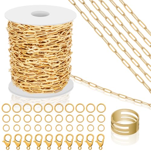 13,1 m lange Goldkette zur Schmuckherstellung, 18 Karat vergoldeter Edelstahl, Büroklammer-Kette, Rolle mit 10 Karabinerverschlüssen und 30 Biegeringe für Charm-Armbänder, Halsketten, Schmuck, von Jollidecor