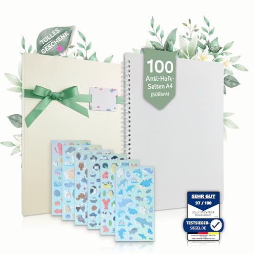 Jolly Stickers® Stickeralbum Geschenkset |100 leere anti-Haft-Seiten A4 (50Blatt) | glitzernder Geschenkkarton+Schleife & Personalisierungskarte | inkl. 6x Filzstickerbogen mit Meeresmotiven von Jolly Stickers