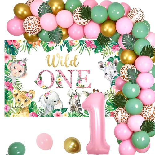 1. Geburtstag Dekorationen für Mädchen Pink Safari Wild One Birthday Hintergrund und Salbeigrün Rosa Ballon Girlande Bogen Kit, Dschungel Wald Tier Luftballons Rosa 1 Folienballon für Baby Mädchen von Jollyboom