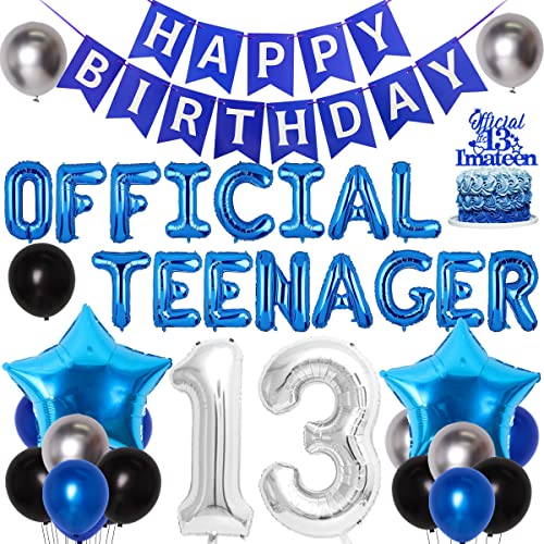 13. Geburtstag Dekorationen für Jungen blau Offizielles Teenager Geburtstag Party Zubehör mit Happy Birthday Banner Offizielle Teenager Zahl 13 Sterne Folienballons Kuchendekoration von Jollyboom