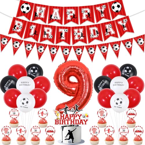 9. Geburtstag Dekorationen Jungen Fußball, Rot Happy Birthday Fußball Banner, Fußball Thema Wimpelkette Kuchen Cupcake Toppers Luftballons Rot Schwarz Weiß 9 Folienballon für 9 Jahre alte Fußball von Jollyboom