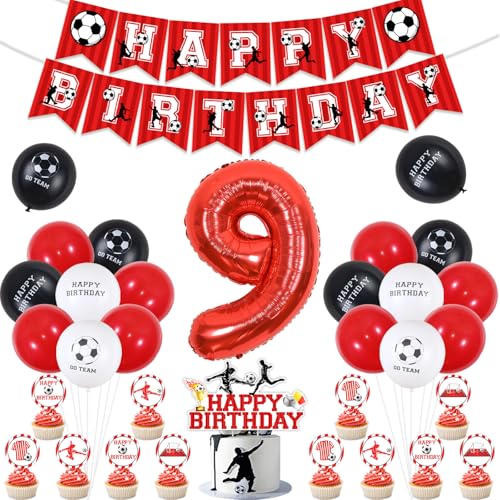 9 Geburtstag Dekorationen Jungen Fußball, Rot Happy Birthday Fußball Banner, Fußball Thema Kuchen Cupcake Topper, Fußball Luftballons Rot Schwarz Weiß, Rot 9 Folienfußball Ballon für 9 Jahre Alt von Jollyboom