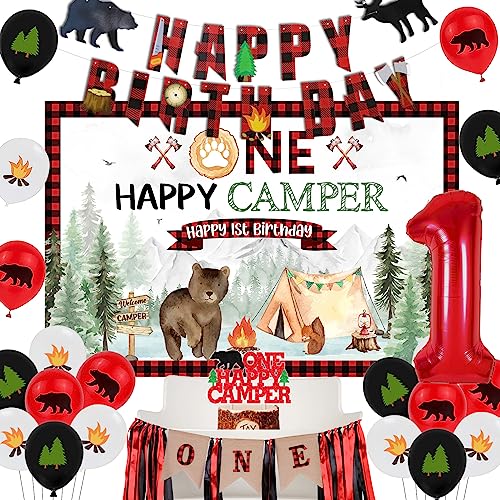 Ein Happy Camper Geburtstagsdeko Jungen, Camping 1. Geburtstag Hintergrund Cake Topper Ein Hochstuhl Banner Holzfäller Luftballons Nummer 1 Folienballon für Abenteuer Wild One Party von Jollyboom