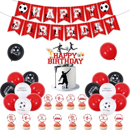 Fußball Geburtstag Dekorationen Rot und Weiß, Fußball Happy Birthday Banner, Fußball Thema Kuchen Cupcake Topper, Rot Schwarz Luftballons Fußball Ballon für Jungen 5th 7th 8th 11th 13th Jahre von Jollyboom