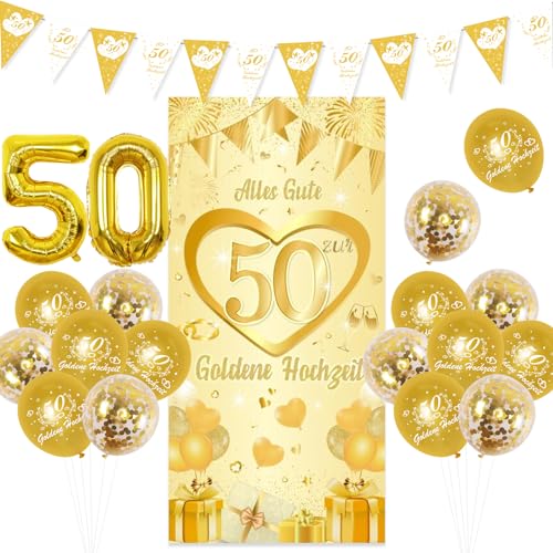 Goldene Hochzeit Deko, 50. Goldenen Hochzeit Banner, 50. Goldene Hochzeit Luftballons, Alles Gute 50. Goldene Hochzeitstag Hintergrund Dekoration für Jubiläum Hochzeit, 50 Goldene Hochzeit Deko von Jollyboom