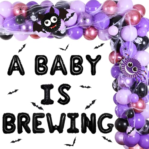 Halloween Baby Shower Party Dekorationen für Baby Jungen Mädchen - Ein Baby ist Brewing Party Supplies Lila Schwarz Ballon Girlande Bogen mit Spinnennetz Dekoration Fledermaus Folienballons von Jollyboom