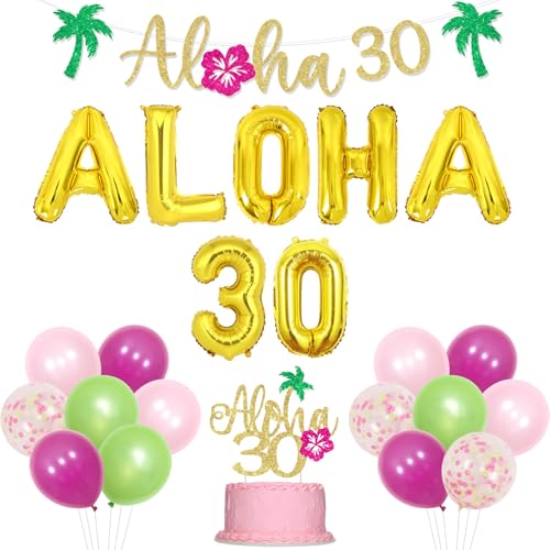 Jollyboom Aloha 30 Geburtstag Party Dekorationen, Tropische Hawaii Aloha Luau 30 Geburtstag Party Dekoration Aloha 30 Banner Rosa Grün Ballon für Frauen Männer 30 Geburtstag von Jollyboom