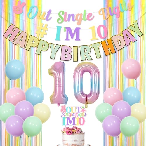 Jollyboom Boho 10 Geburtstag Dekorationen für Mädchen, Peace Out Single Digits I'm 10 Cake Topper Happy Birthday Banner Nummer 10 Folienballon Fransen Vorhang für Mädchen 10 Geburtstag Dekorationen von Jollyboom