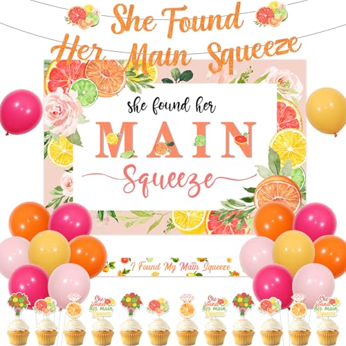 Jollyboom Brautparty-Dekorationen mit Zitrus Thema, She Found Her Main Squeeze Brautdusche Dekoration Hintergrund Banner Cupcake Topper Schärpe Zitruszitrus-Zitronen-Orange Ballon für von Jollyboom