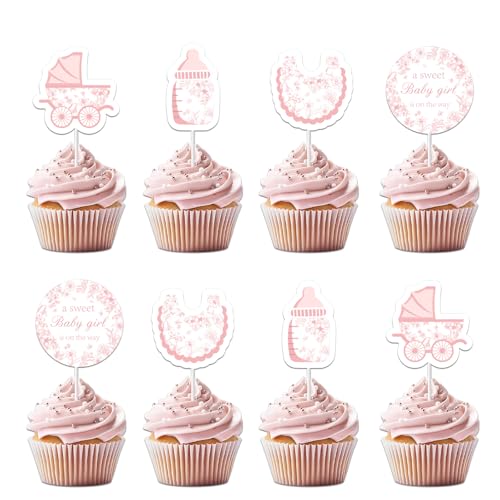 Jollyboom Chinoiserie Babyparty-Dekorationen, 24 Stück A Sweet Baby Girl Is On The Way Cupcake Topper Rosa Chinesisches Thema Doppelseitige Kuchendekoration für Chinoiserie Babyparty Party Dekoration von Jollyboom