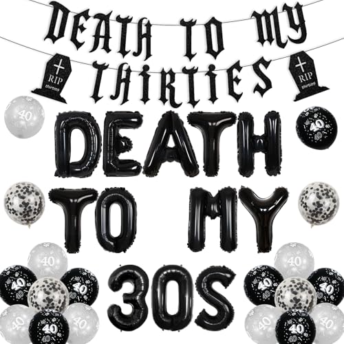 Jollyboom Death to My 30s Birthday Decorations, 40th Birthday Decorations Black, Rip Thirties Decorations for Women Men, Death to My Thirties Banner Balloons for Him Her Gothic Funny Birthday Party von Jollyboom