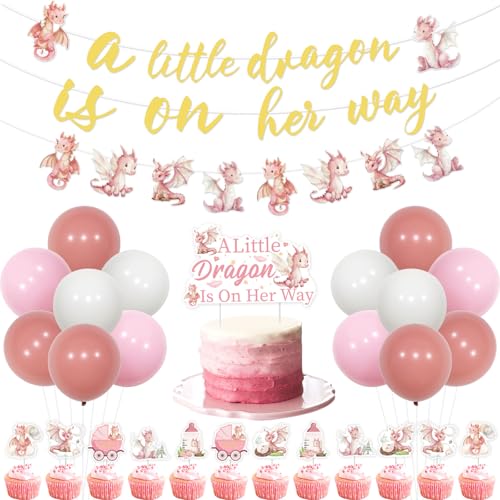 Jollyboom Rosa Drachen Babyparty Dekoration: Banner, Girlande, Tortenaufsatz, 12 Cupcake-Topper, 18 Ballons von Jollyboom