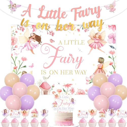 Jollyboom Fairy Baby Shower Dekoration Mädchen, A Little Fairy is on Her Way Dekoration Hintergrund Banner Kuchen Cupcake Topper Latex Ballon für Fee Pilz Wald Babyparty Party Dekoration von Jollyboom