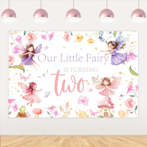 Jollyboom Fairy Baby Shower Dekoration Mädchen, Our Little Fairy is Turning Two Hintergrund Banner 5 × 90 cm Fee Pilz Hintergrund Requisiten für Fee Wald 2. Babyparty Geburtstag Party Dekoration von Jollyboom