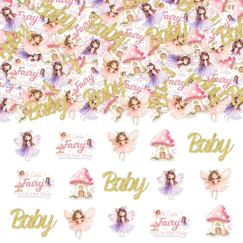 Jollyboom Fee Babyparty Dekoration Mädchen, 200pcs A Little Fairy is on Her Way Konfetti Fee Thema Tischdekoration Doppelseitiger Druck für Fee Pilz Wald Babyparty Dekoration von Jollyboom