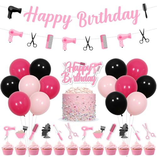 Jollyboom Friseur Geburtstag Party Dekorationen, Barbier Thema Happy Birthday Girlande Banner Haarschnitt Kuchen Cupcake Toppers Luftballons Rosa Schwarz für Friseur Geburtstag Party Supplies Mädchen von Jollyboom