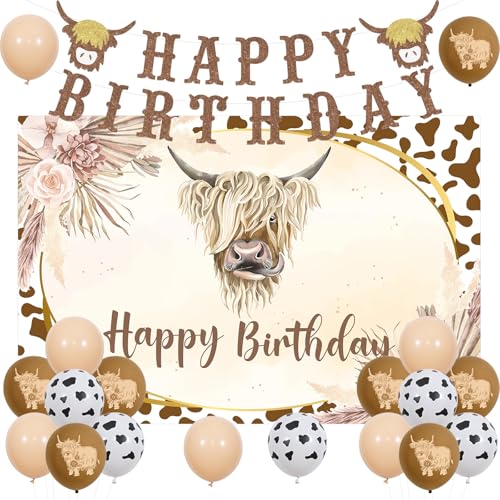 Jollyboom Highland Cow Geburtstag Dekorationen Junge, Kuh Happy Birthday Hintergrund Braun Kuh Druck Luftballons Highland Cow Happy Birthday Glitter Banner für Junge Kuh Geburtstag Party von Jollyboom