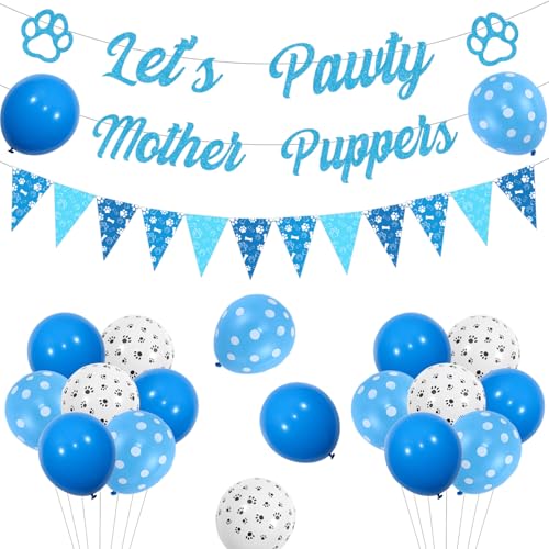 Jollyboom Hunde-Geburtstagsdekorationen für Jungen, Lets Pawty Mother Puppers Glitter Banner Hund Geburtstag Wimpelkette Blau Weiß Pfotenabdruck Ballons für Junge Haustier Welpen Hund Hund Hund Party von Jollyboom