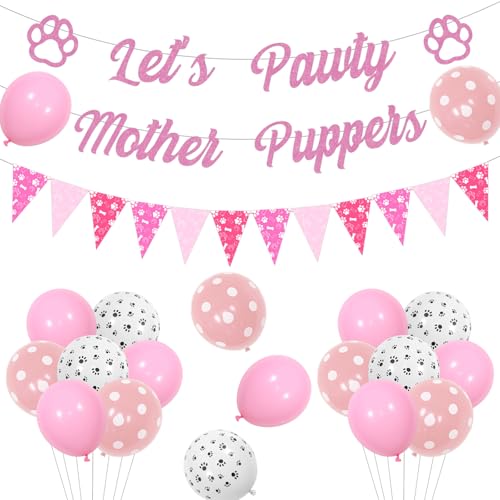 Jollyboom Hunde-Geburtstagsdekorationen für Mädchen, Lets Pawty Mother Puppers Glitter Banner Hund Geburtstag Wimpelkette Rosa Weiß Pfotenabdruck Ballons für Mädchen Haustier Welpen Hund Hund Hund von Jollyboom