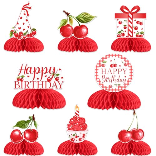 Jollyboom Kirschthema Geburtstagsdeko Mädchen, 8pcs Cherry Happy Birthday Honeycomb Centerpiece Tischdekoration für rote Kirsche Sommerfrucht 1. 2. 3. 21. Geburtstag Party Dekoration von Jollyboom