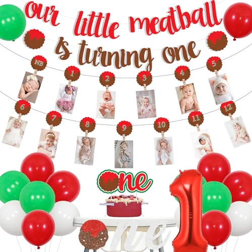 Jollyboom Meatball 1st Birthday Decorations, Our Little Meatball Is Turning One Banner First Birthday Photo Banner Highchair Garland Cake Topper Foil Balloon for Italian Meatball Theme Birthday Party von Jollyboom