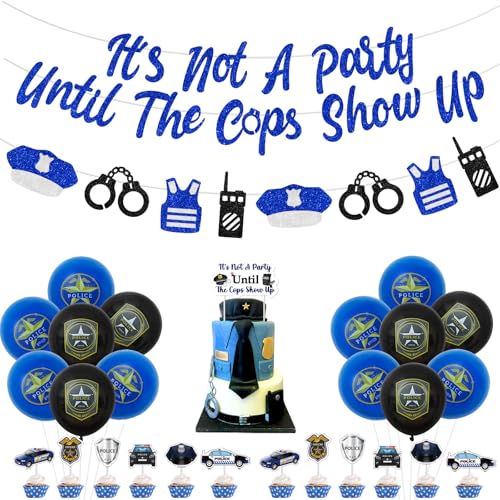 Jollyboom Polizei-Party-Dekorationen, "It's Not A Party Until The Cops Show Up", Kuchen-Cupcake-Topper, Blau / Schwarz, Glitzer, Polizei-Thema, Girlande, Banner, Luftballons für Polizisten, von Jollyboom