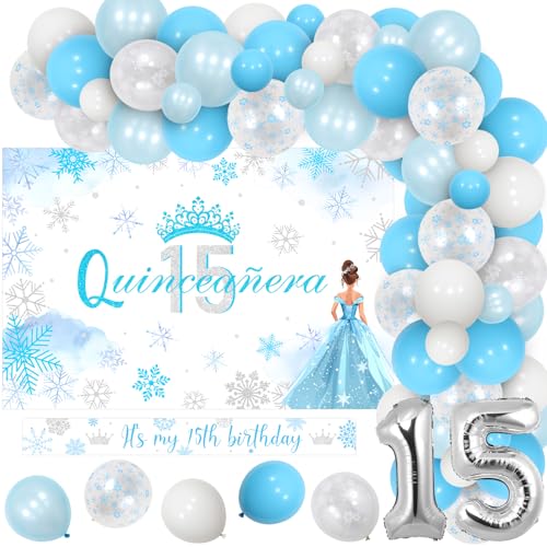 Jollyboom Quinceanera Geburtstagsdekorationen Winter Schneeflocken 15 Geburtstag Blau Ballon Girlande Kit mit Quinceanera Hintergrund Schärpe Folienballons für Mädchen 15. Prinzessin Geburtstag Party von Jollyboom