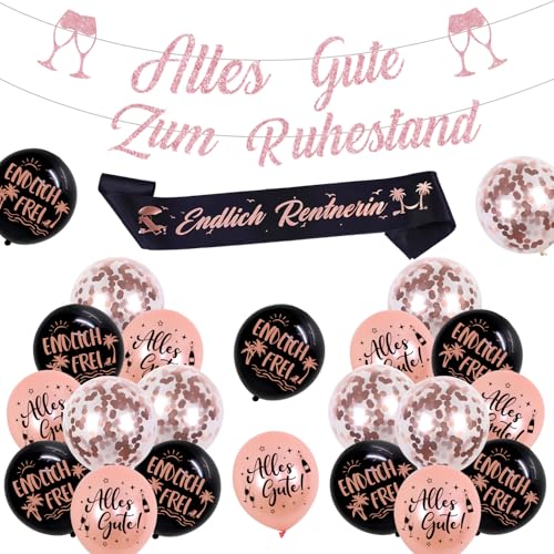 Jollyboom Rente Deko Frau, Rosegold Alles Gute Zum Ruhestand Deko Banner Schärpe Luftballons Schwarz Ballons für Endlich Rentnerin Ruhestand Abschiedsfeier Party von Jollyboom