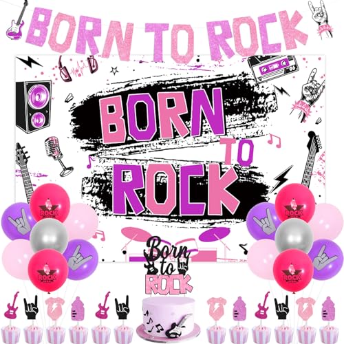 Jollyboom Rock and Roll Party Dekorationen Mädchen, Rosa Lila Born to Rock Hintergrund Banner Kuchen Topper Rockstar Luftballons Cupcake Toppers für Musik Themed Born to Rock Baby Shower Party von Jollyboom