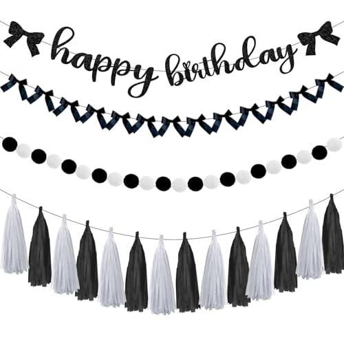 Jollyboom Schwarze Schleife Geburtstag Party Dekorationen, Kokette Geburtstag Dekorationen Happy Birthday Banner Girlande Quaste Girlande Pom Pom Filzball Girlande für Bogen Themed Geburtstag Party von Jollyboom