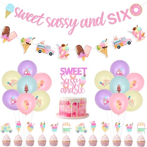 Jollyboom Süße Sassy und Sechs Geburtstag Dekorationen für Mädchen, Eis 6 Geburtstag Dekoration Banner Girlande Eis Donut Kuchen Cupcake Topper Sommer Eis 6 Geburtstag Deko für Mädchen von Jollyboom