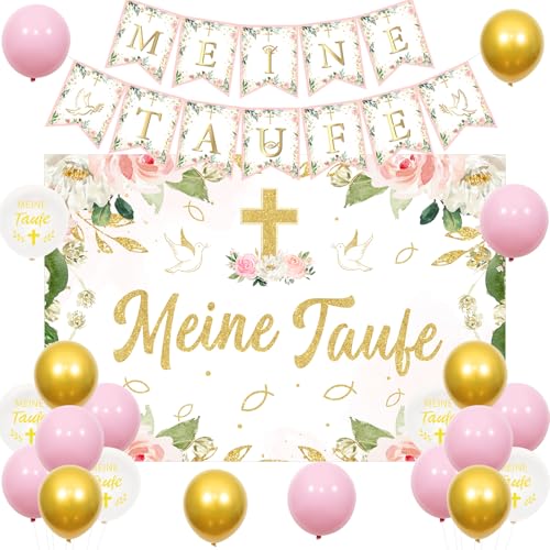 Jollyboom Taufe Deko Mädchen, Taufe Dekoration Rosa Meine Taufe Girlande Banner, Taufe Luftballons Hintergrund Deko für Babyparty Babydusche Taufe Deko Erstkommunion Taufe Party Dekoration von Jollyboom