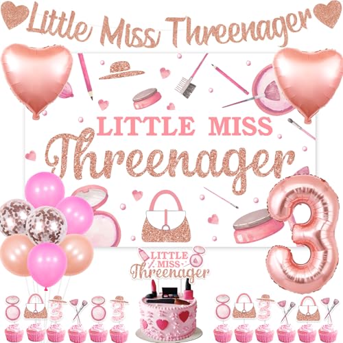 Jollyboom Threenager Geburtstagsdekorationen Mädchen, Little Miss Threenager 3. Geburtstag Dekorationen Hintergrund Banner Kuchen Topper Nummer 3 Herz Folienballon für Make-up 3 Jahre alt Geburtstag von Jollyboom