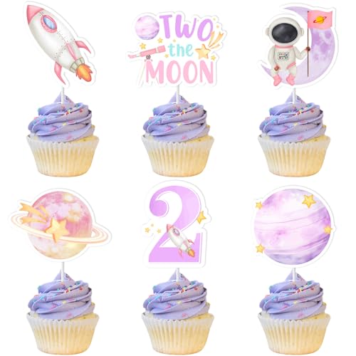 Jollyboom Two The Moon Geburtstagsdekorationen Cupcake Topper, Weltraum 2. Geburtstag Party Dekoration Cupcake Topper Rosa Planet Rakete für Mädchen Galaxy Sonnensystem Geburtstagsfeier von Jollyboom