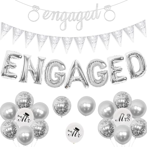 Jollyboom Verlobungs-Party-Dekorationen, Silber, We Are Engaged Wimpelbanner Girlande Engaged Folienballons für Mr and Mrs He Asked She Said Yes Verlobungsdekorationen Hochzeit Brautparty von Jollyboom